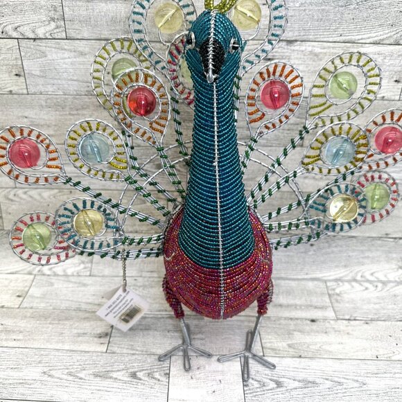 NWT BeadWorx Grass Roots Wired Colored Glass 13" Beaded Peacock Figurine - Picture 4 of 10